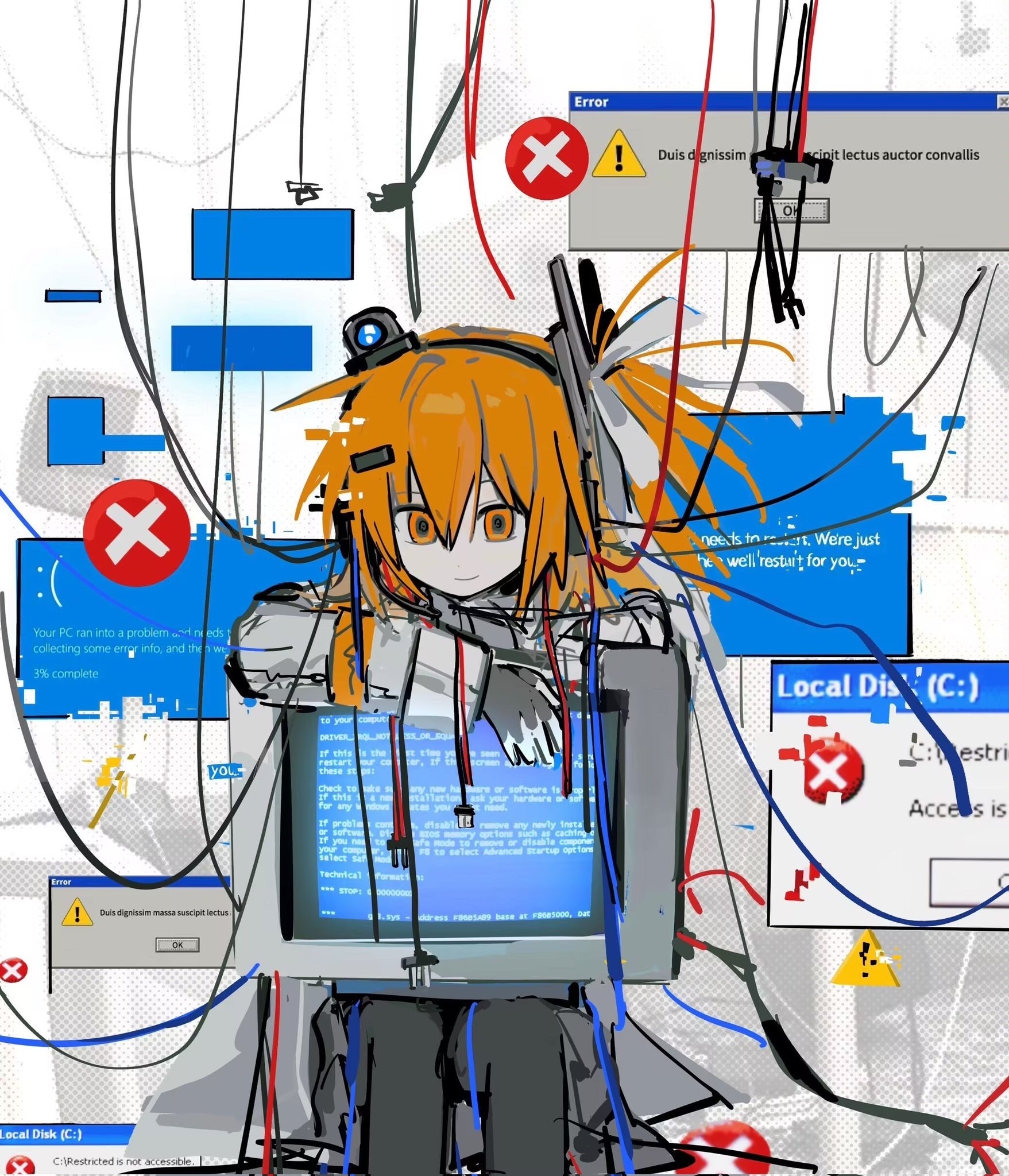 robot girl surrounded by error screens, holding a monitor showing more errors