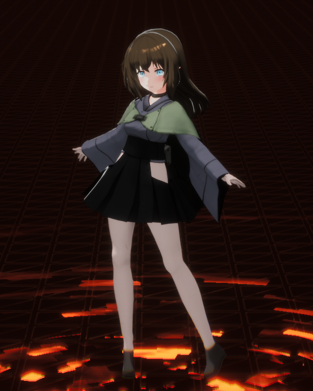 picture of anime mech girl in a black skirt, a cute top that is subtle darkish blue I guess and white leggings.