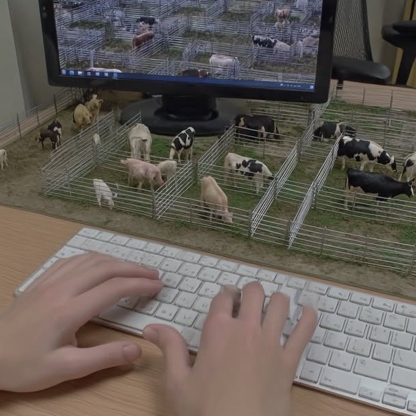 a computer station that has a small pastoral scene on the desktop, with mini cows, horse, pigs in pens and fields.  A computer monitor is situated inside of the pastoral scene, along with a keyboard with human hands mid typing action.
