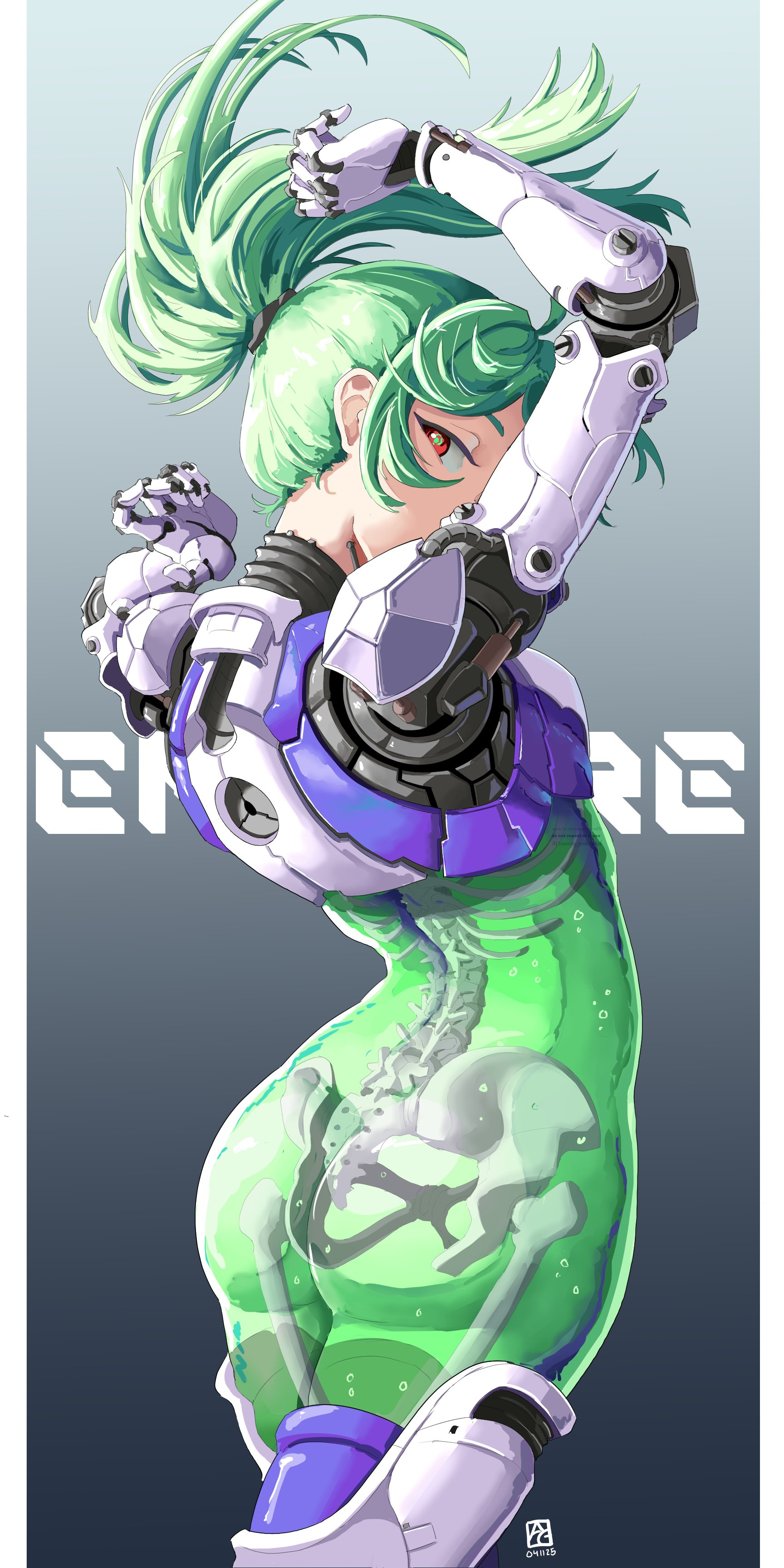 side profile of a pilot with extensive cybernetic parts, including her torso being seethrough and made up of what appears to be green slime.  Her bones in the torso are visible.  She is also very cute.