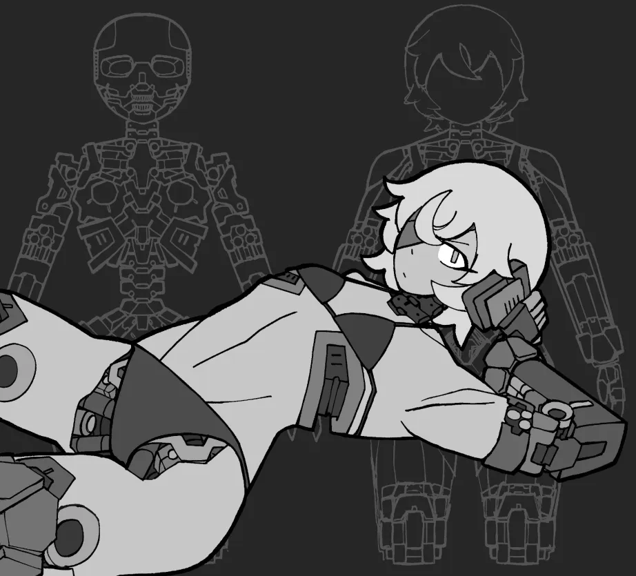 black and white picutre of robot girl on her side in a bikini.  her joints are exposed