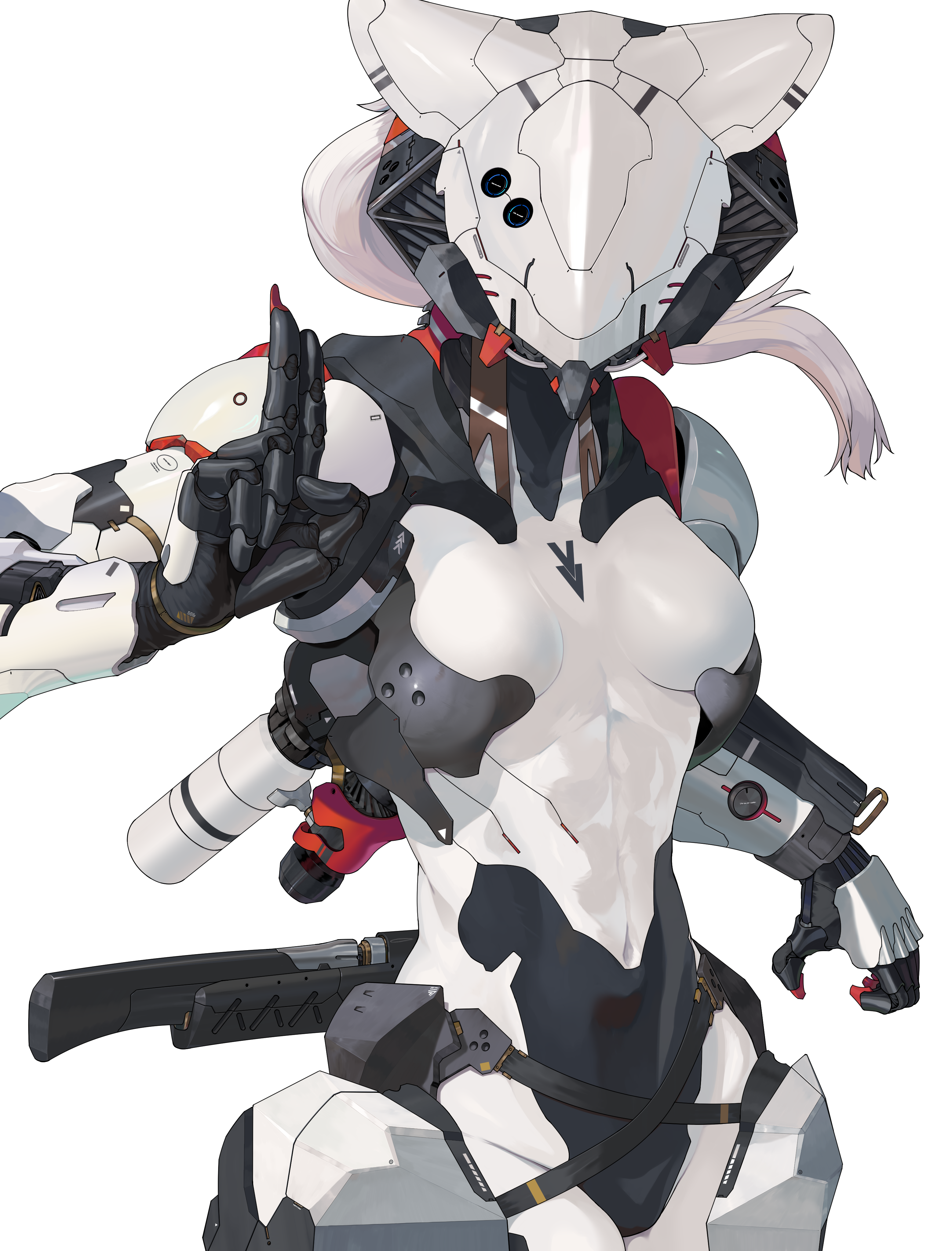 A white and grey robot girl holding up her right hand in a hand sign.  I'm struggling to describe this one today, it's very cute and I want to be her so bad